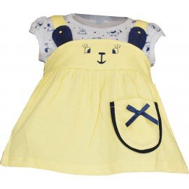 Premium Baby Girls Short Sleeves Frock Dress with Panty, Dungaree Style Frock with Print, Round Neck Frock, Comfy & Chic, Pack of 1, 100% Cotton Frock