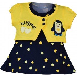Premium Baby Girls Short Sleeves Frock Dress with Panty, Dungaree Style Frock with Print, 