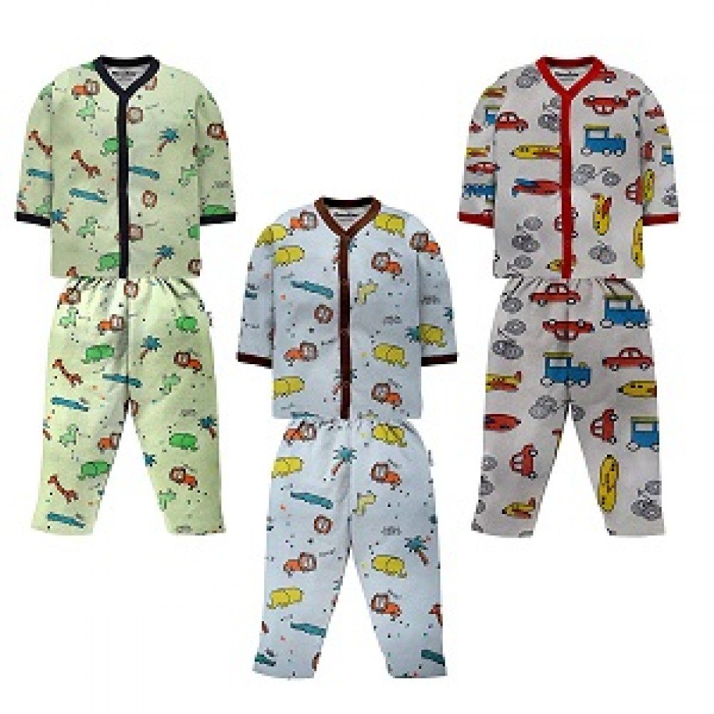 Night Suite - Cotton Front Open Full Sleeves Jhabla Tshirt and Pant - Multi Print