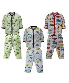 Night Suite - Cotton Front Open Full Sleeves Jhabla Tshirt and Pant - Multi Print