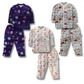 Night Suite - Cotton Front Open Full Sleeves Jhabla Tshirt and Pant - Multi Print