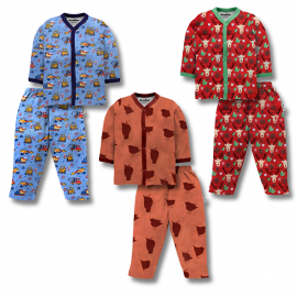 Night Suite - Cotton Front Open Full Sleeves Jhabla Tshirt and Pant - Multi Print