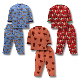 Night Suite - Cotton Front Open Full Sleeves Jhabla Tshirt and Pant - Multi Print